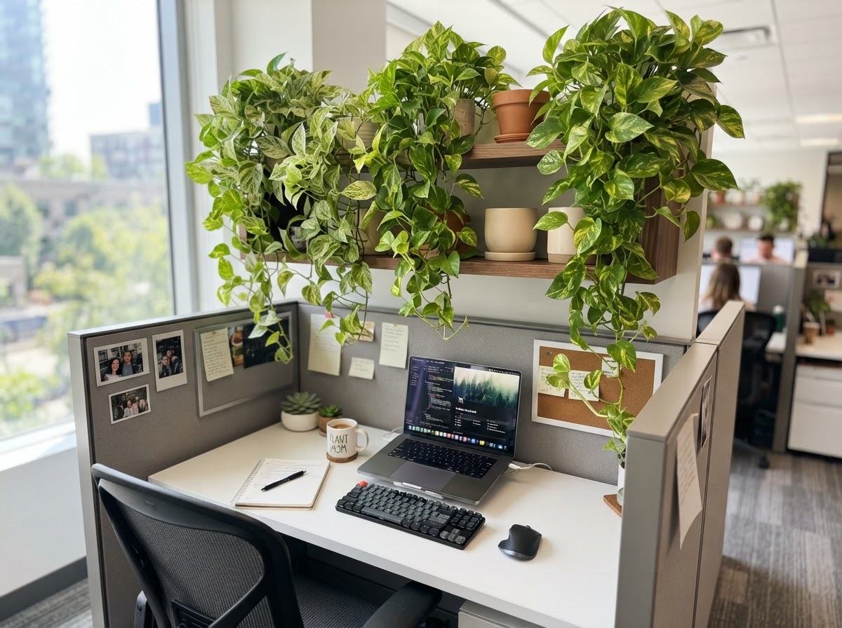 Cubicle with lush trailing pothos plants hanging from a shelf