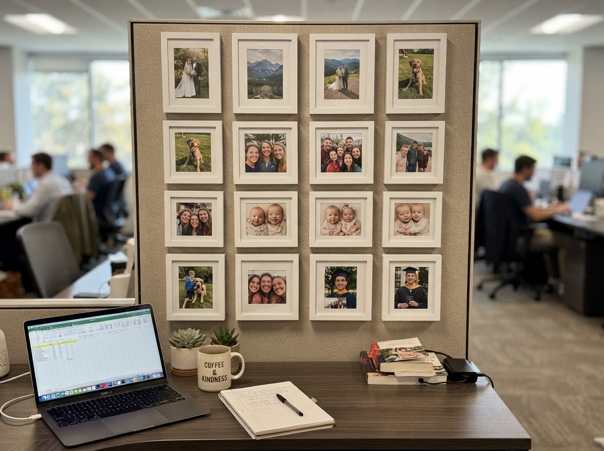 Gallery wall of framed personal photos in matching white frames in a cubicle