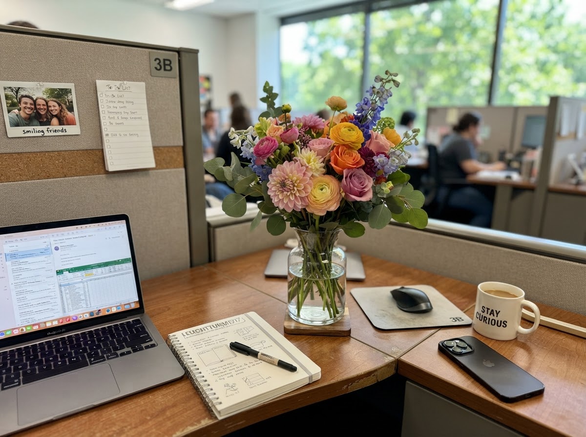 Glass vase with fresh seasonal flowers on a cubicle desk