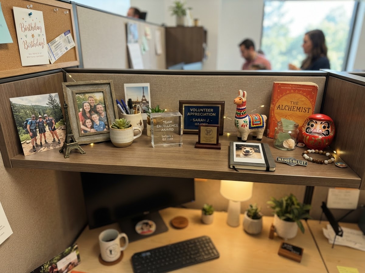 Cubicle shelf displaying personal mementos, travel souvenirs, and awards