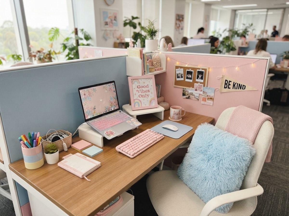 Pastel pink and blue cubicle with cute accessories and soft colors