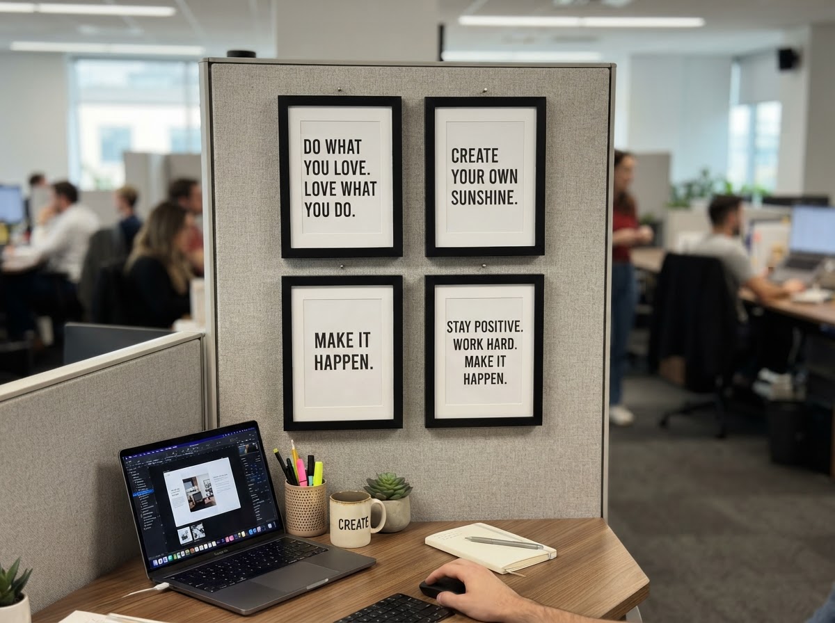 Inspirational quote prints in simple black frames on a cubicle wall