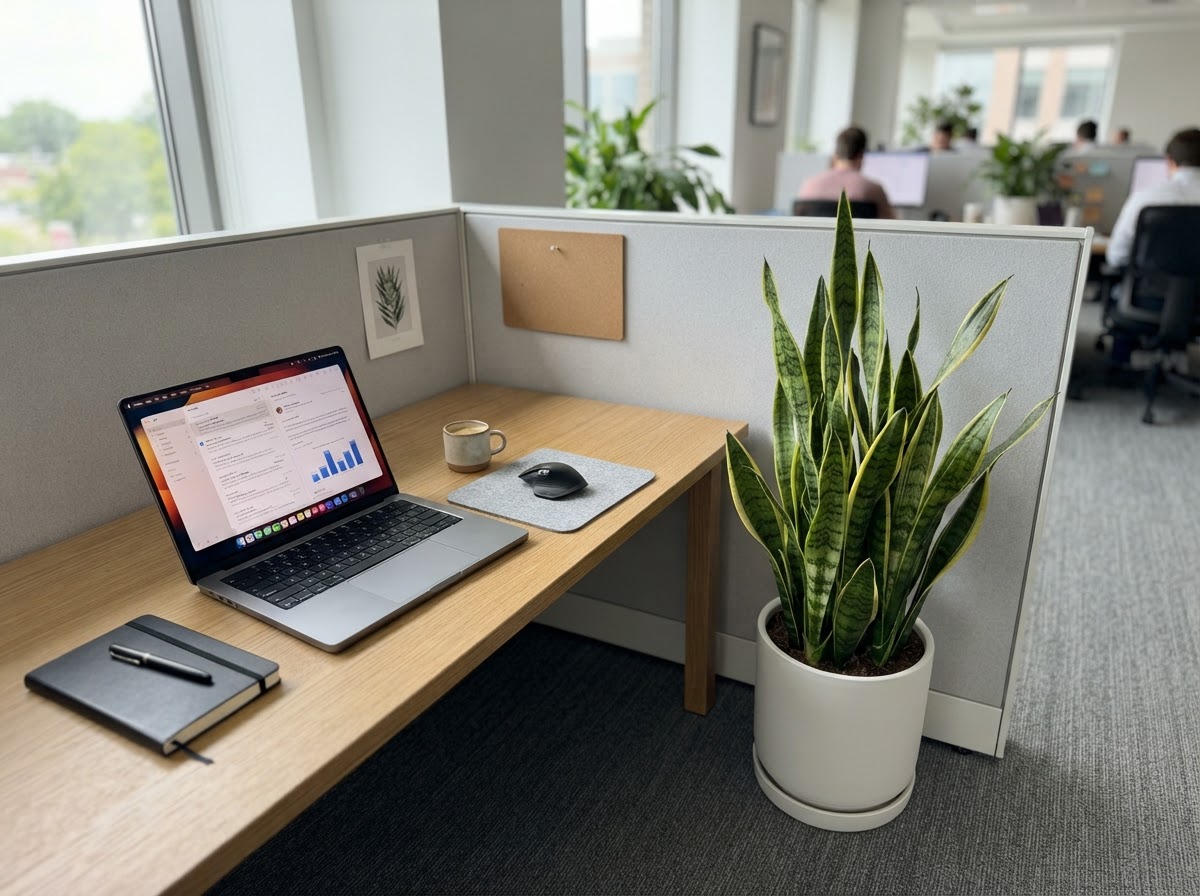 Snake plant in a white pot in the corner of a minimalist cubicle