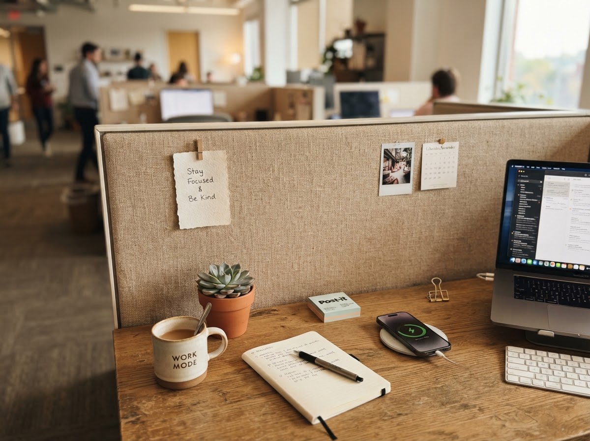 Cubicle wall covered with warm beige linen fabric for a cozy backdrop