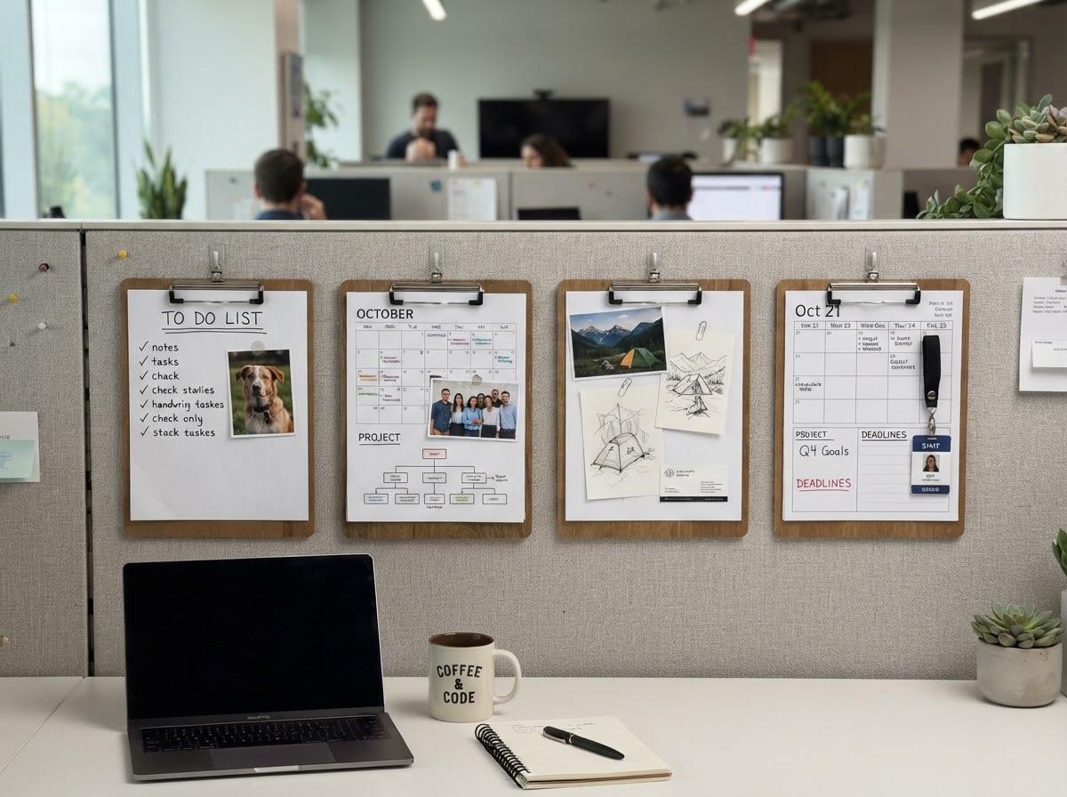 Hanging clipboards displaying notes and photos on a cubicle wall