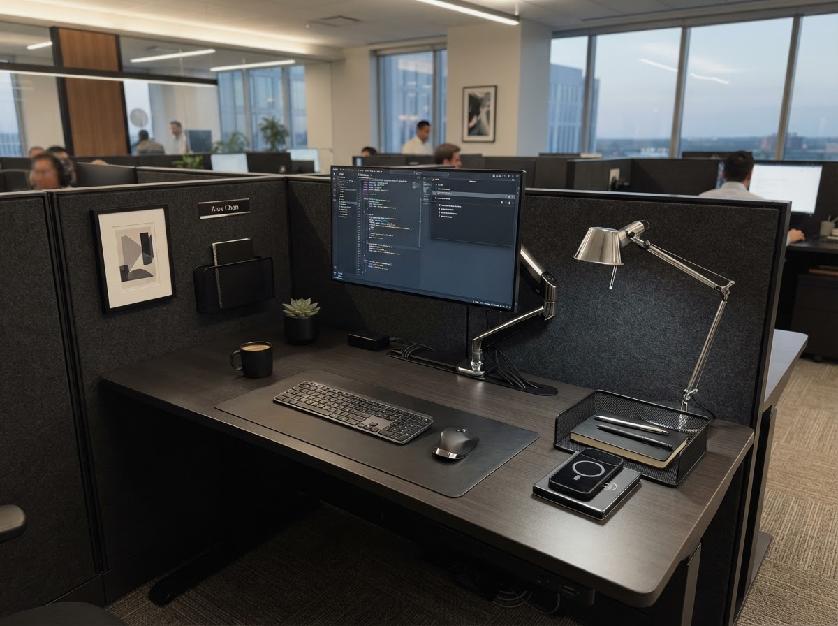 Modern cubicle with sleek black and chrome accessories and minimalist tech aesthetic