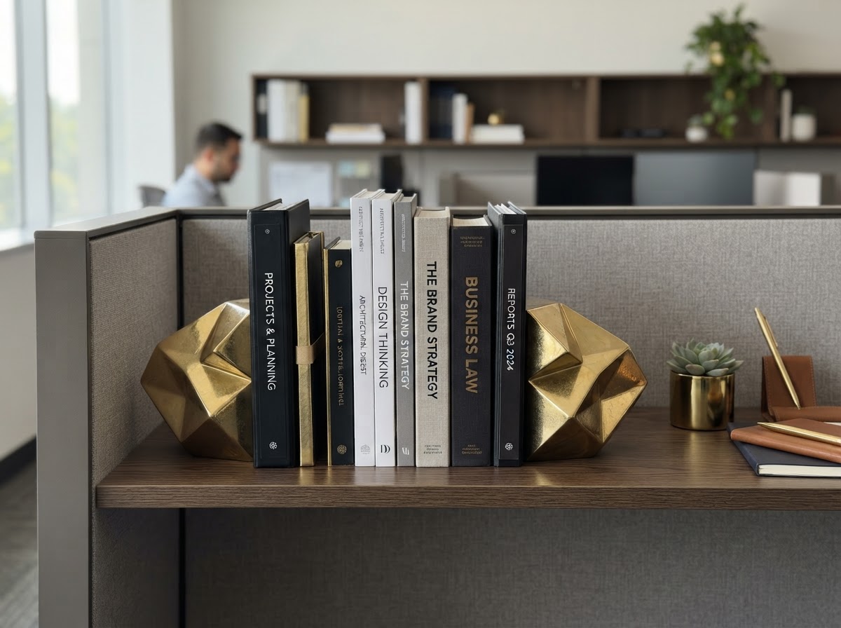 Decorative gold bookends holding books on a cubicle shelf