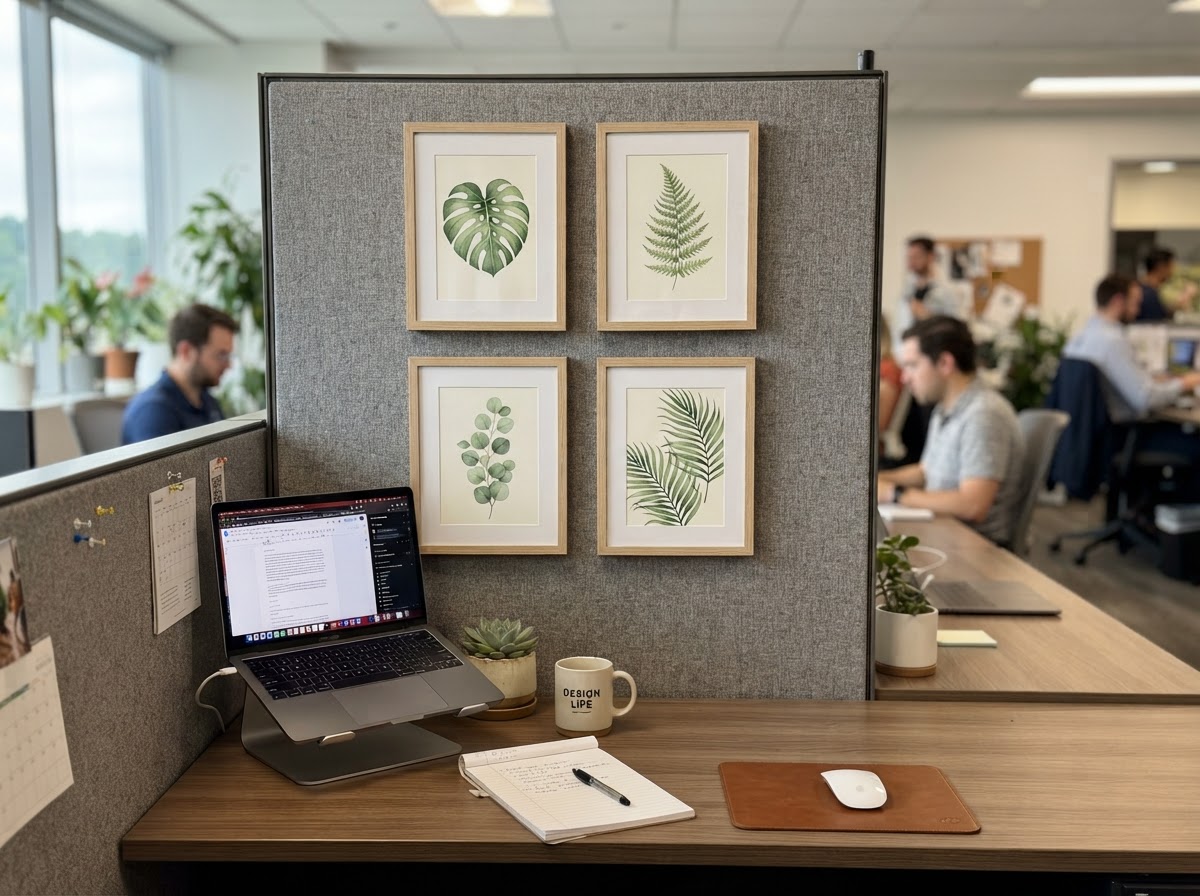 Printable botanical art prints in simple frames on a cubicle wall
