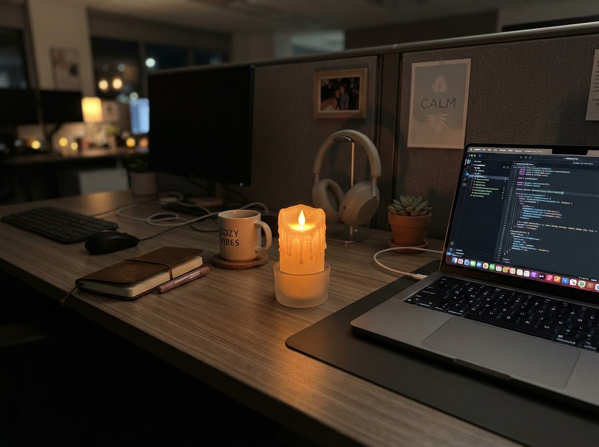 Flameless LED candle with warm flickering glow on a cubicle desk