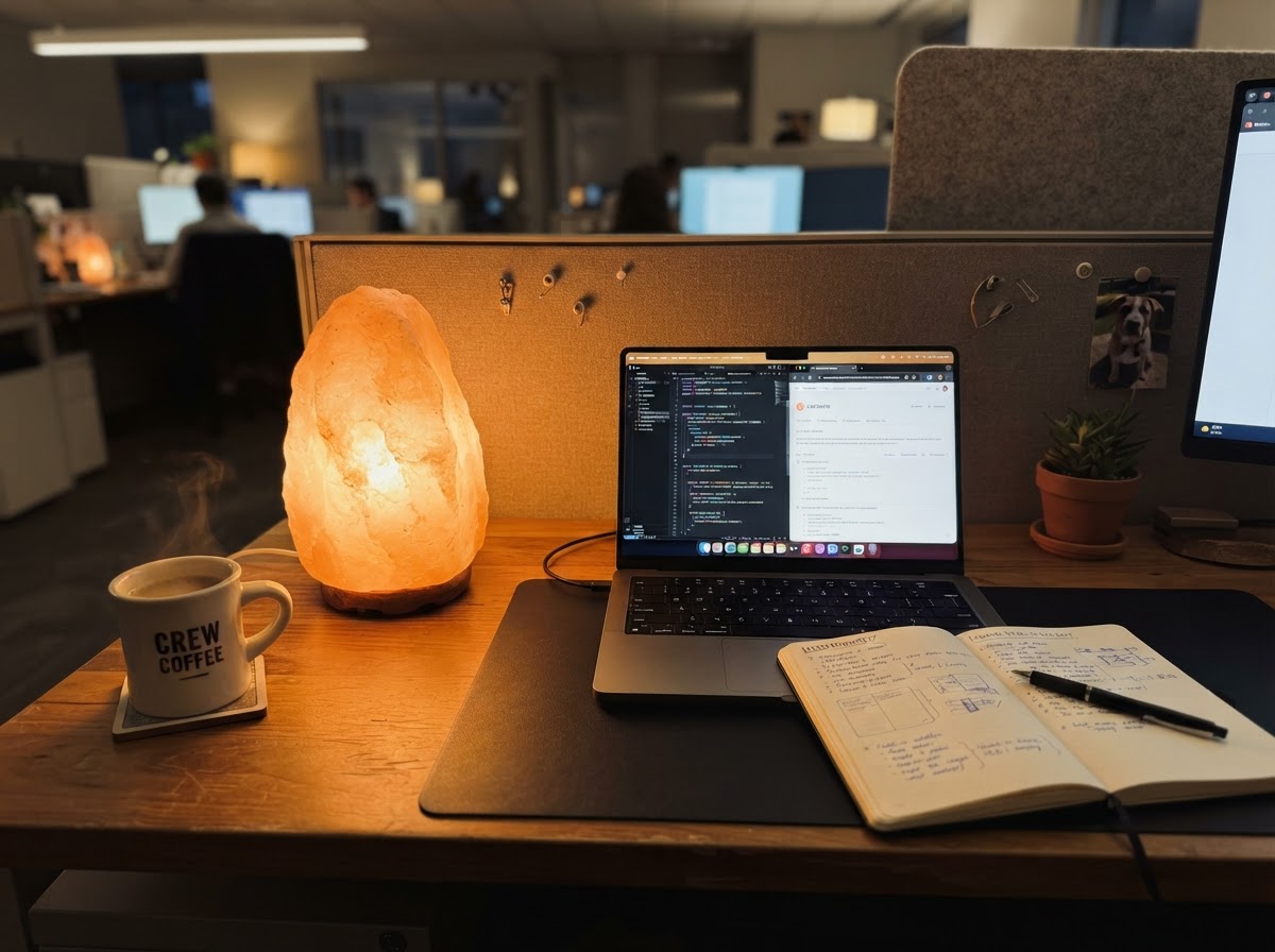 Himalayan salt lamp glowing warm orange on a cubicle desk