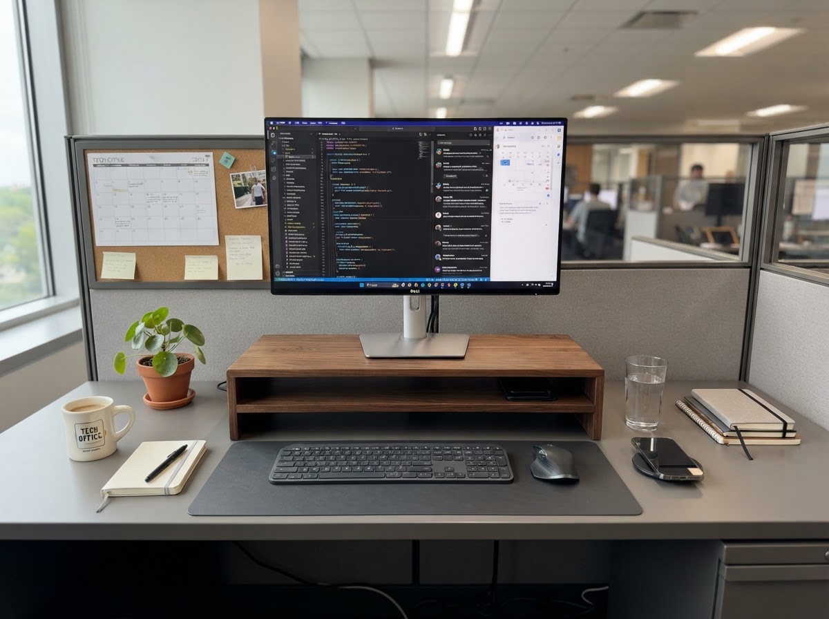 Wooden monitor stand riser on a cubicle desk with storage underneath