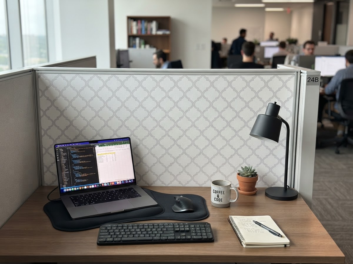 Cubicle wall covered with contact paper featuring a subtle geometric pattern