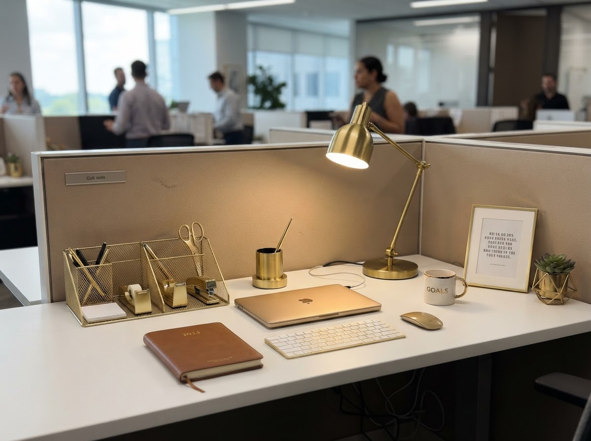 Elegant gold-tone desk organizers and accessories on a white cubicle desk
