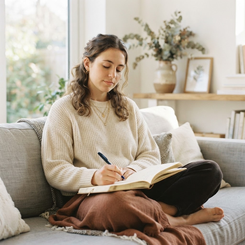 Woman writing in a notebook in soft natural light