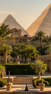 Mena House gardens with the pyramids at sunset