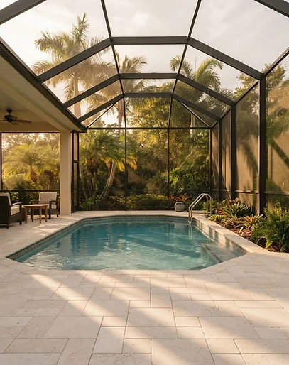 Freshly cleaned screened pool enclosure and paver deck
