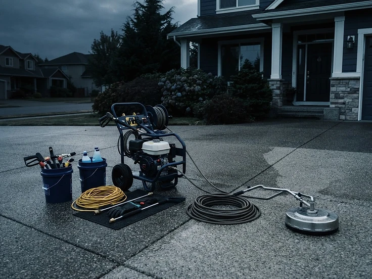 Professional exterior cleaning equipment staged on a clean driveway before a job