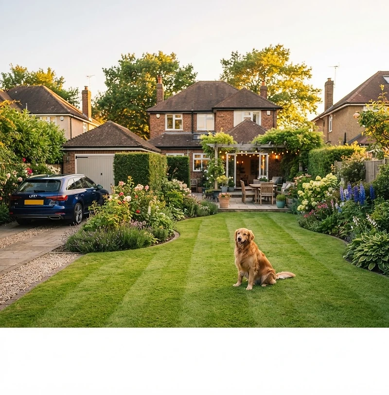 Backyard garden with a lawn, flowers, and a dog