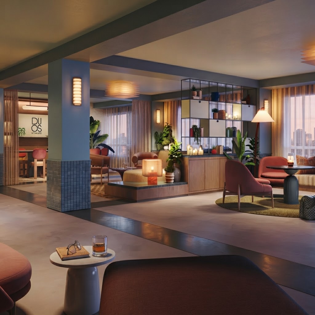 Lobby lounge de DUOS Wynwood en el Wynwood Arts District de Miami