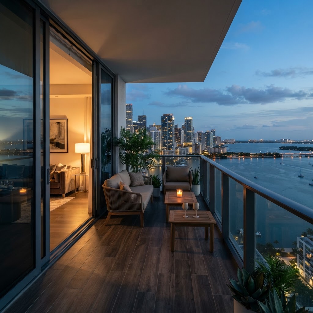Balcón de un departamento en Brickell con vista a la bahía y al centro de Miami