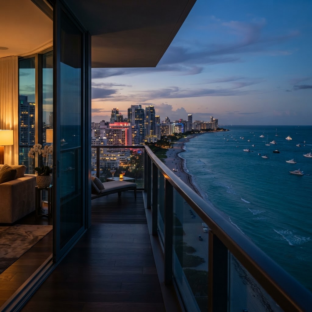 Vista al atardecer desde una residencia de lujo frente a la bahía de Miami