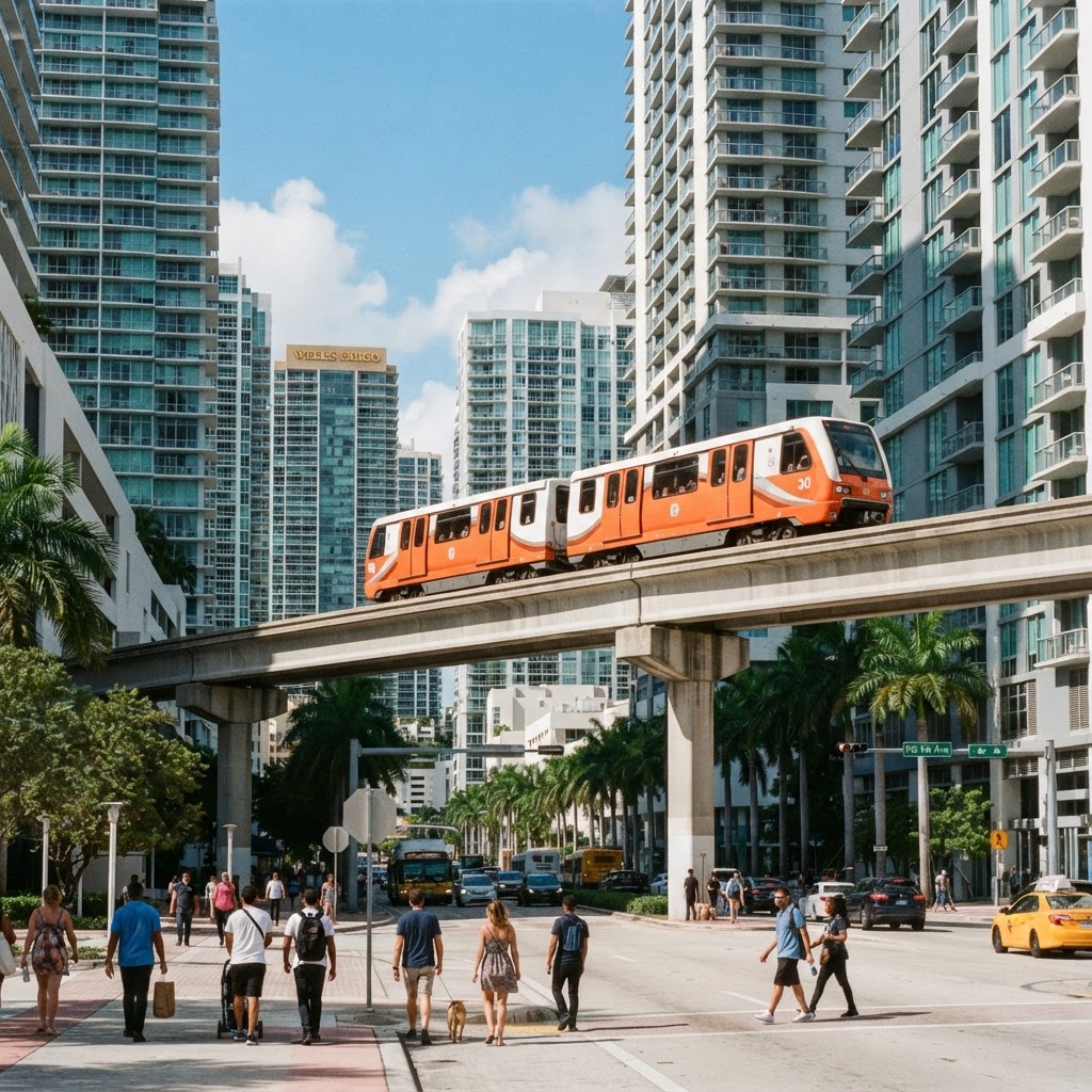 Metromover circulando entre torres del centro de Miami