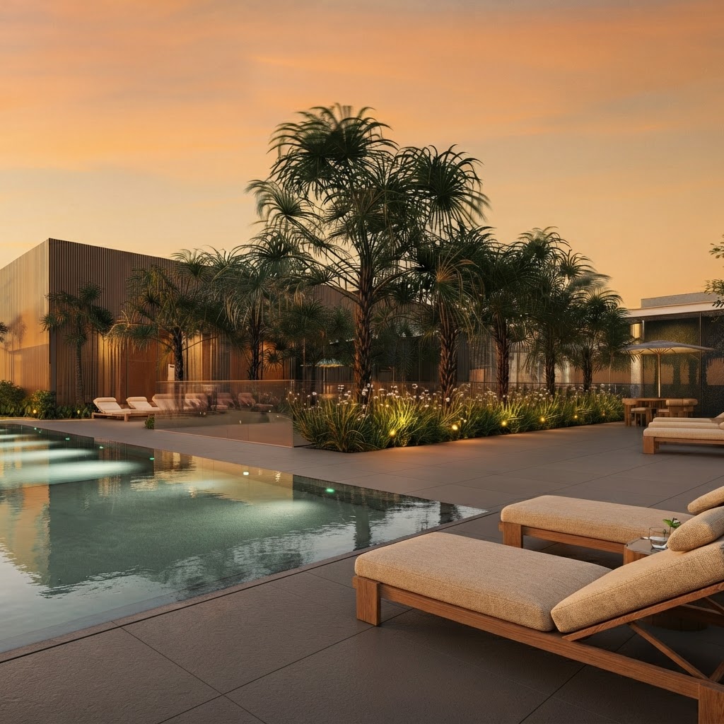 Alberca y área común de Colette Residences en South Brickell, Miami, con cabanas y deck de asoleo