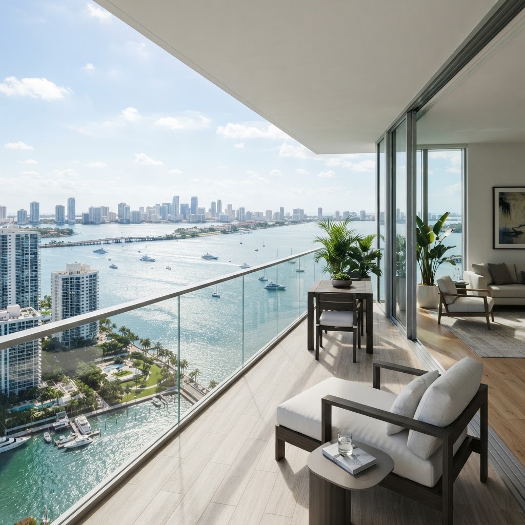Vista desde el balcón de un condominio de Edgewater hacia Biscayne Bay y la bahía de Miami