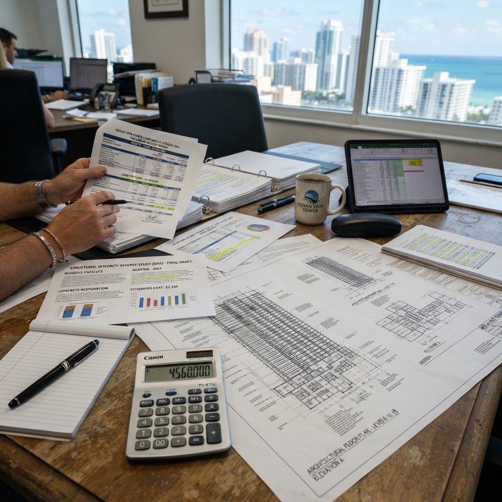 Documentos de presupuesto y estudio de reservas de una asociación de condominios en Miami