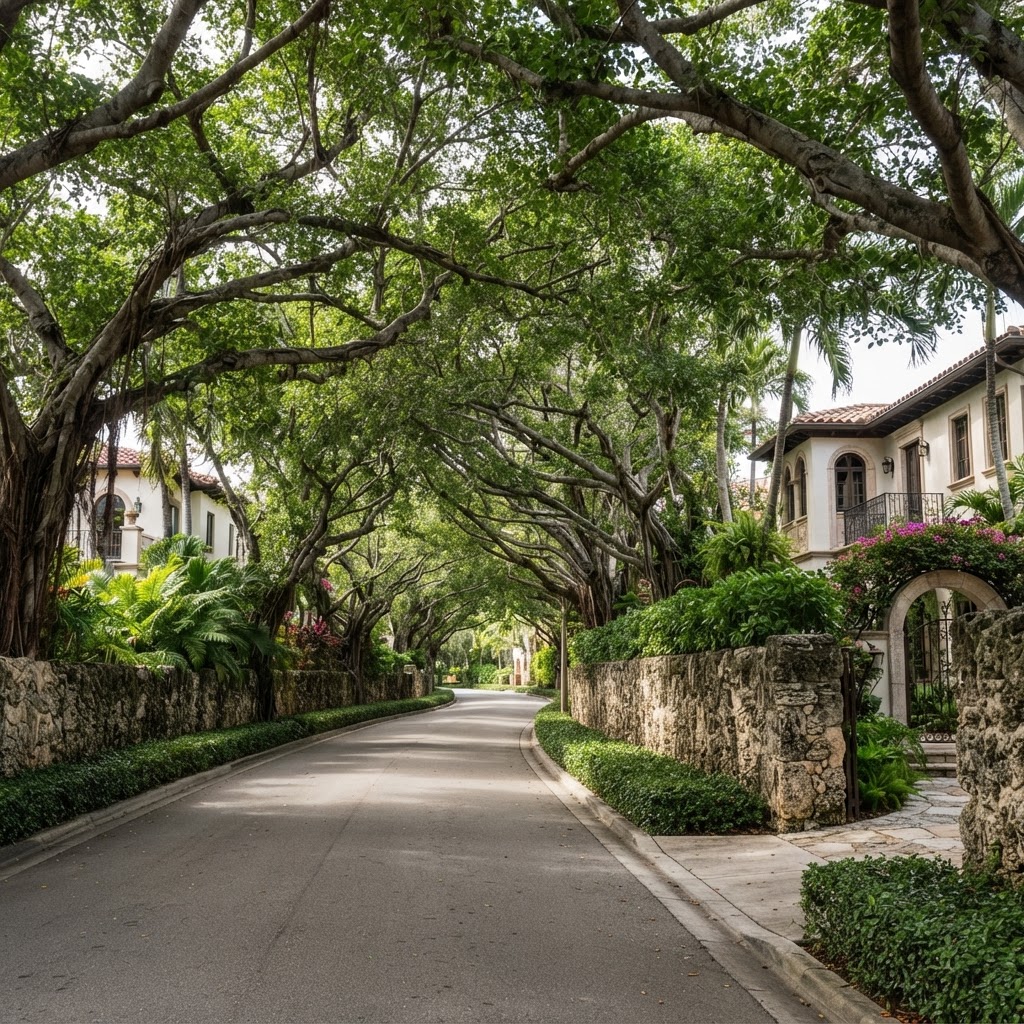 Avenida residencial arbolada en Coral Gables, Florida