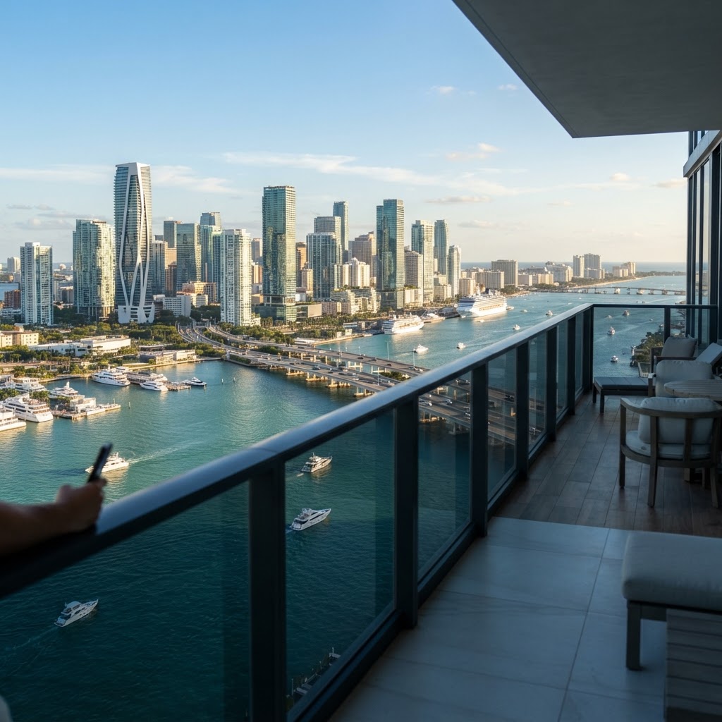 Balcón de un condominio con vista al mar de Miami Beach