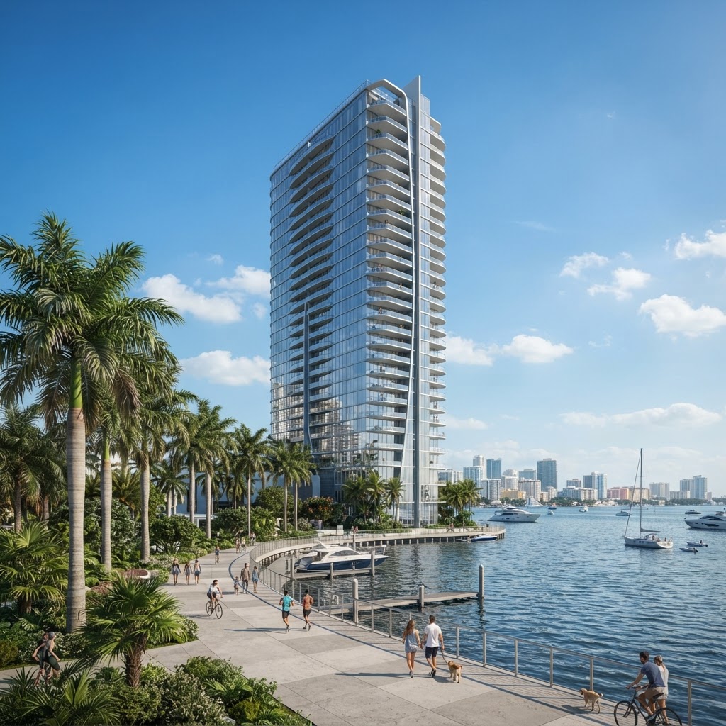 Torre residencial moderna frente a la bahía Vizcaína en el corredor de Edgewater, Miami