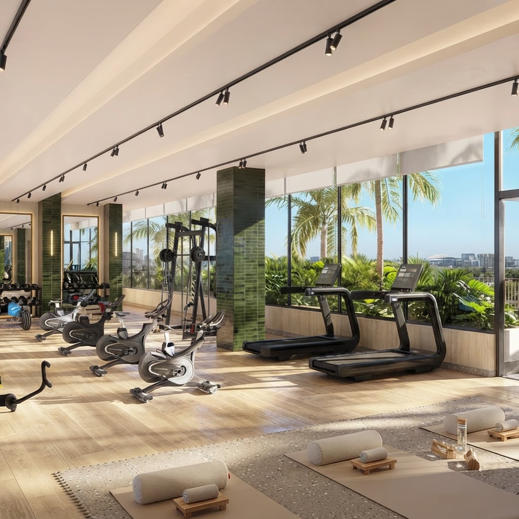 Gimnasio de Cloud One Wynwood con equipo cardiovascular y de pesas, Miami