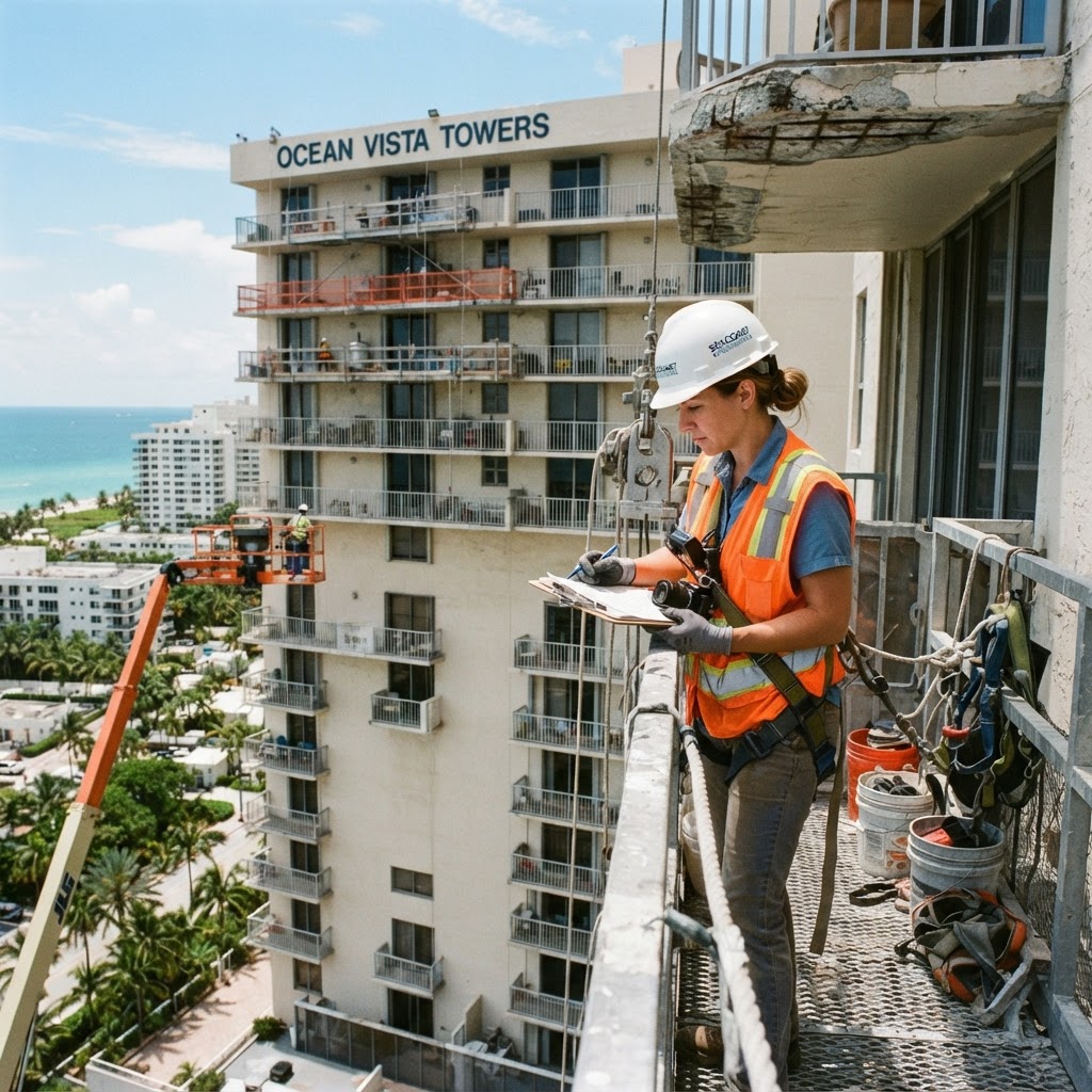 Ingeniero estructural inspeccionando la fachada y balcones de un condominio en Florida