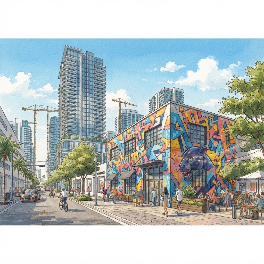 Ilustración editorial del tema inmobiliario: Mana Wynwood y Carnegie Mellon: qué cambia para Miami