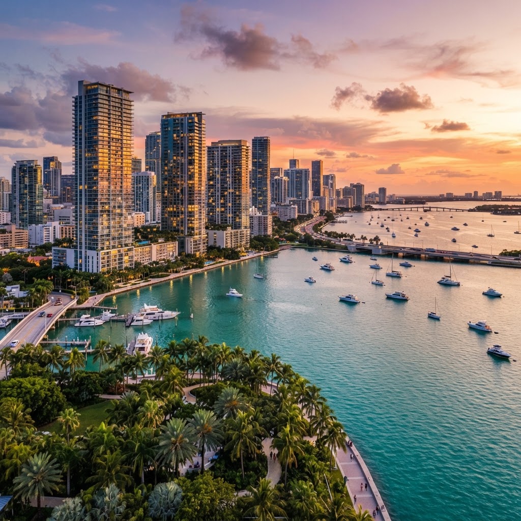 Torres residenciales de departamentos frente a Biscayne Bay en Miami