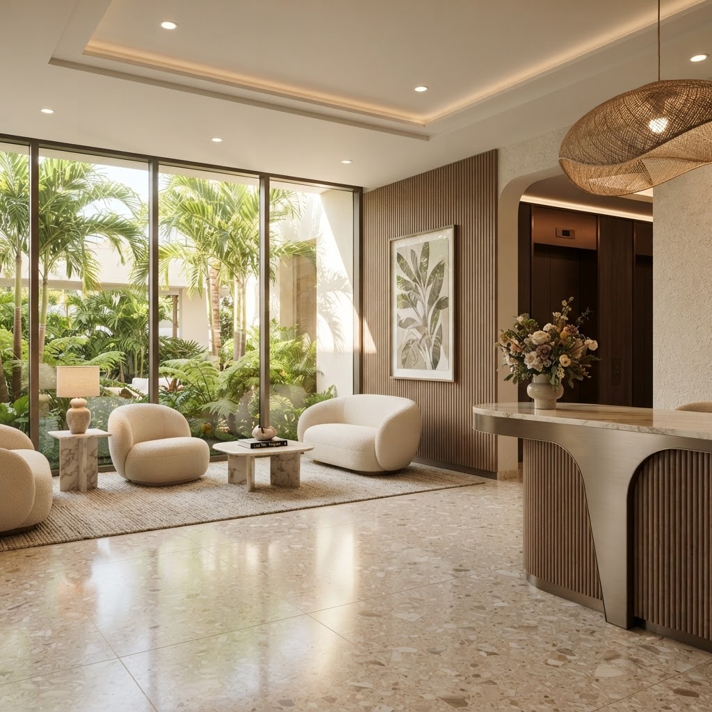 Lobby de lujo de un condominio exclusivo en Brickell