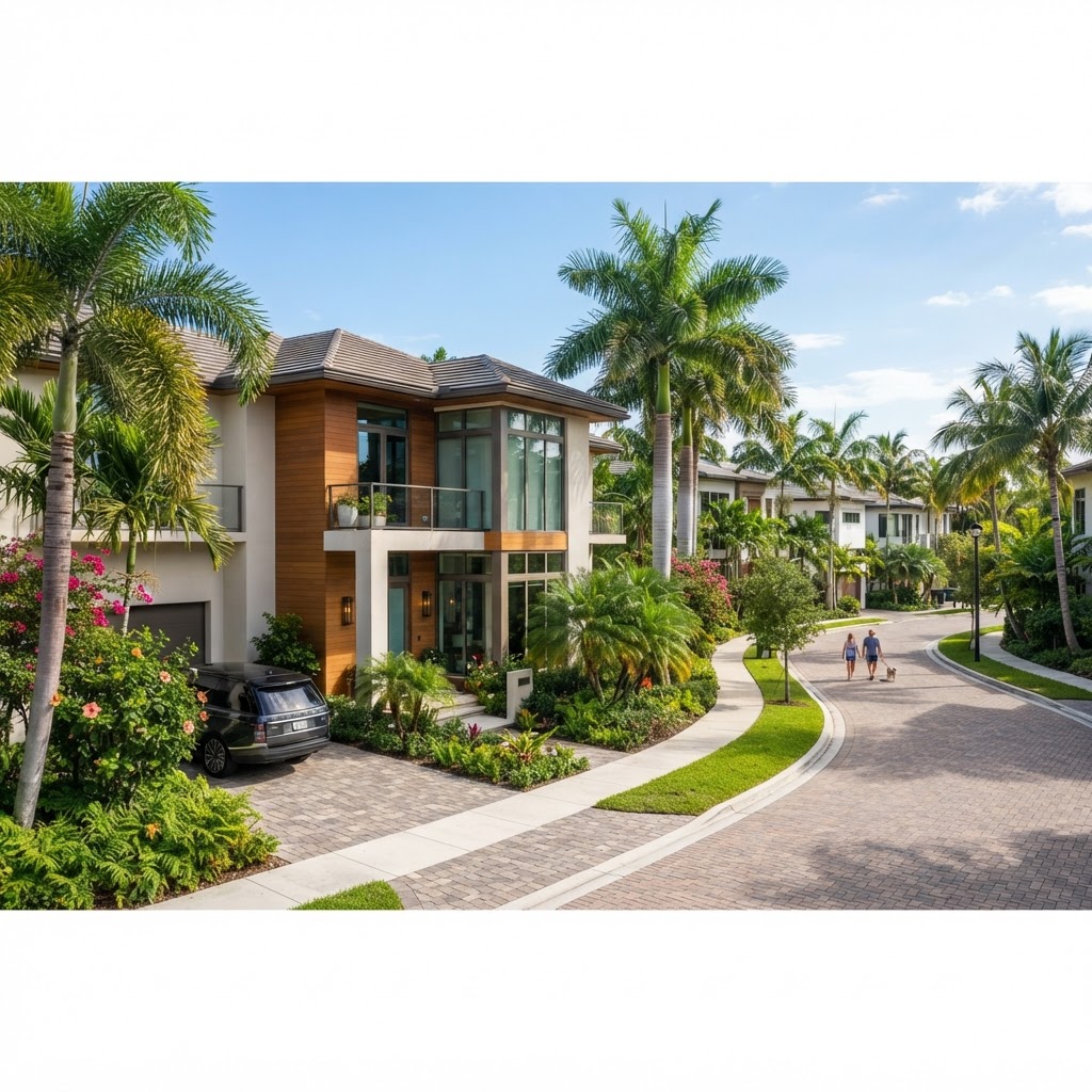 Barrio residencial de Miami con palmeras y viviendas contemporáneas