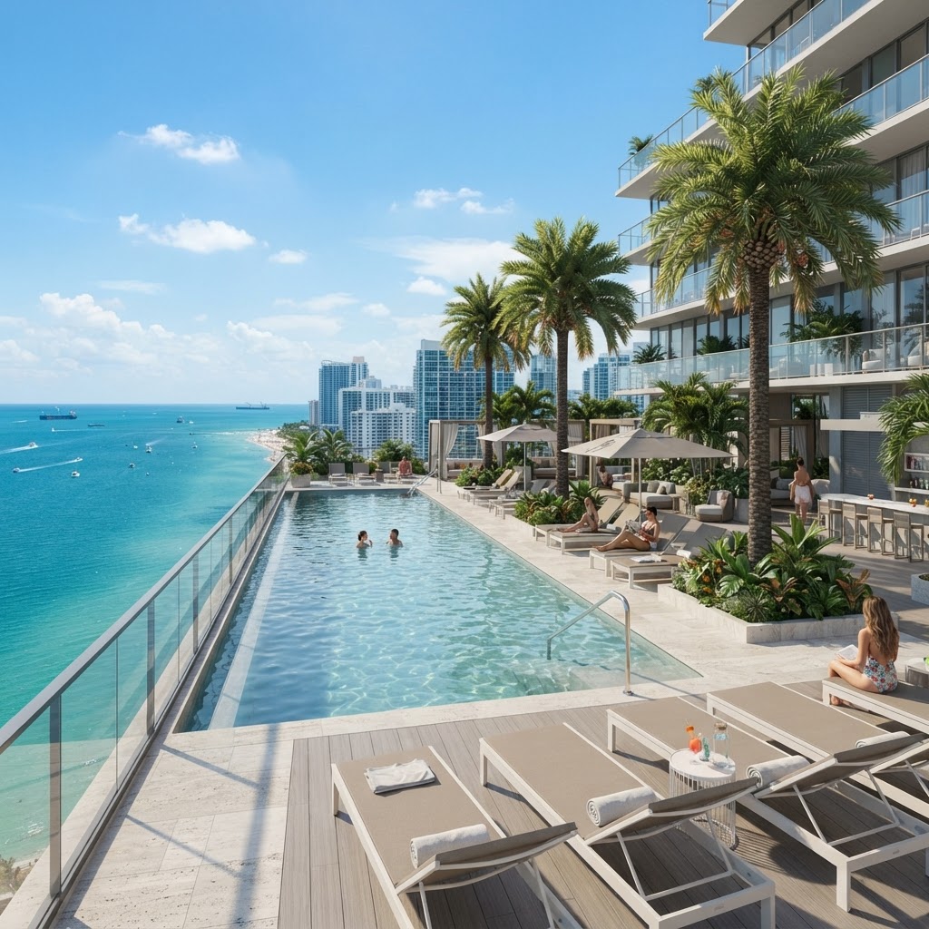 Terraza con piscina en la azotea de un edificio residencial de Miami