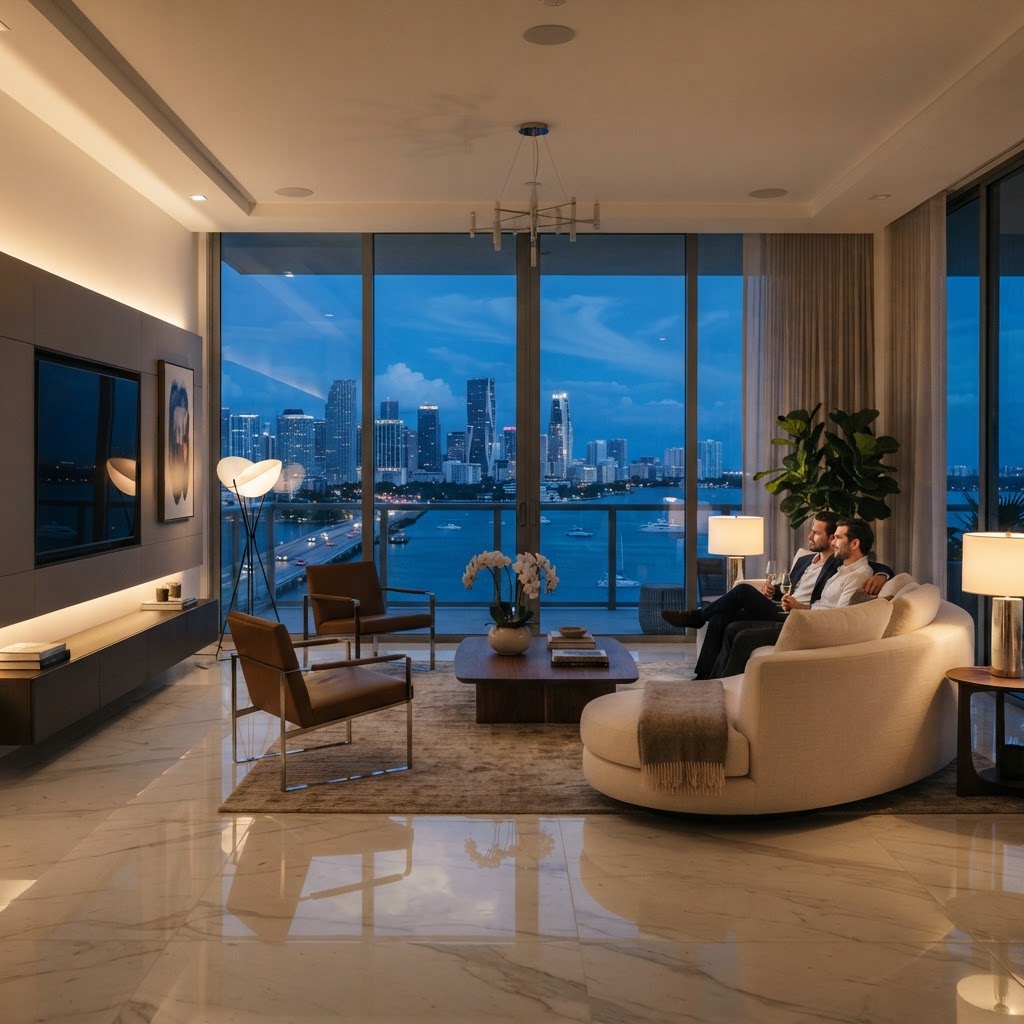 Interior de lujo de un condominio en Miami con ventanal hacia la bahía Vizcaína