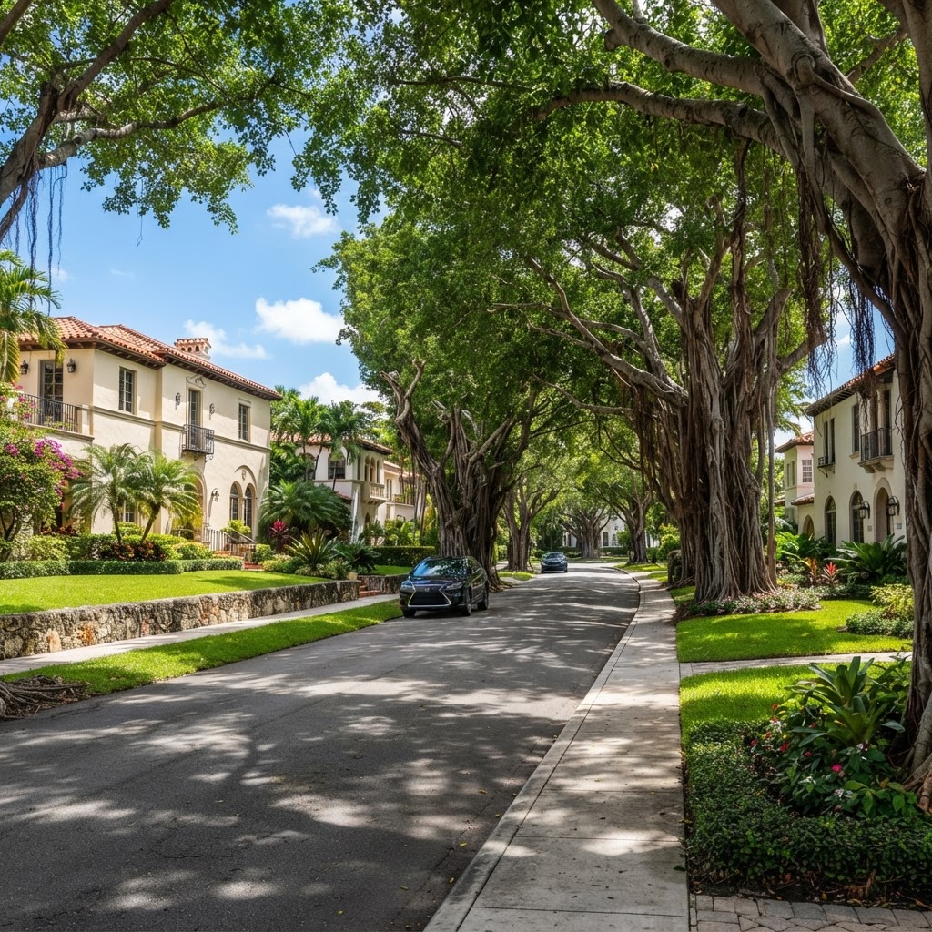 Calle residencial arbolada con casas de estilo mediterráneo en Coral Gables, Miami