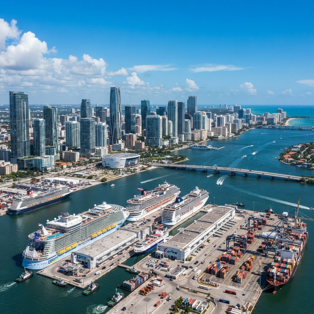 Skyline de Downtown Miami con el puerto de cruceros de la bahía Vizcaína al frente