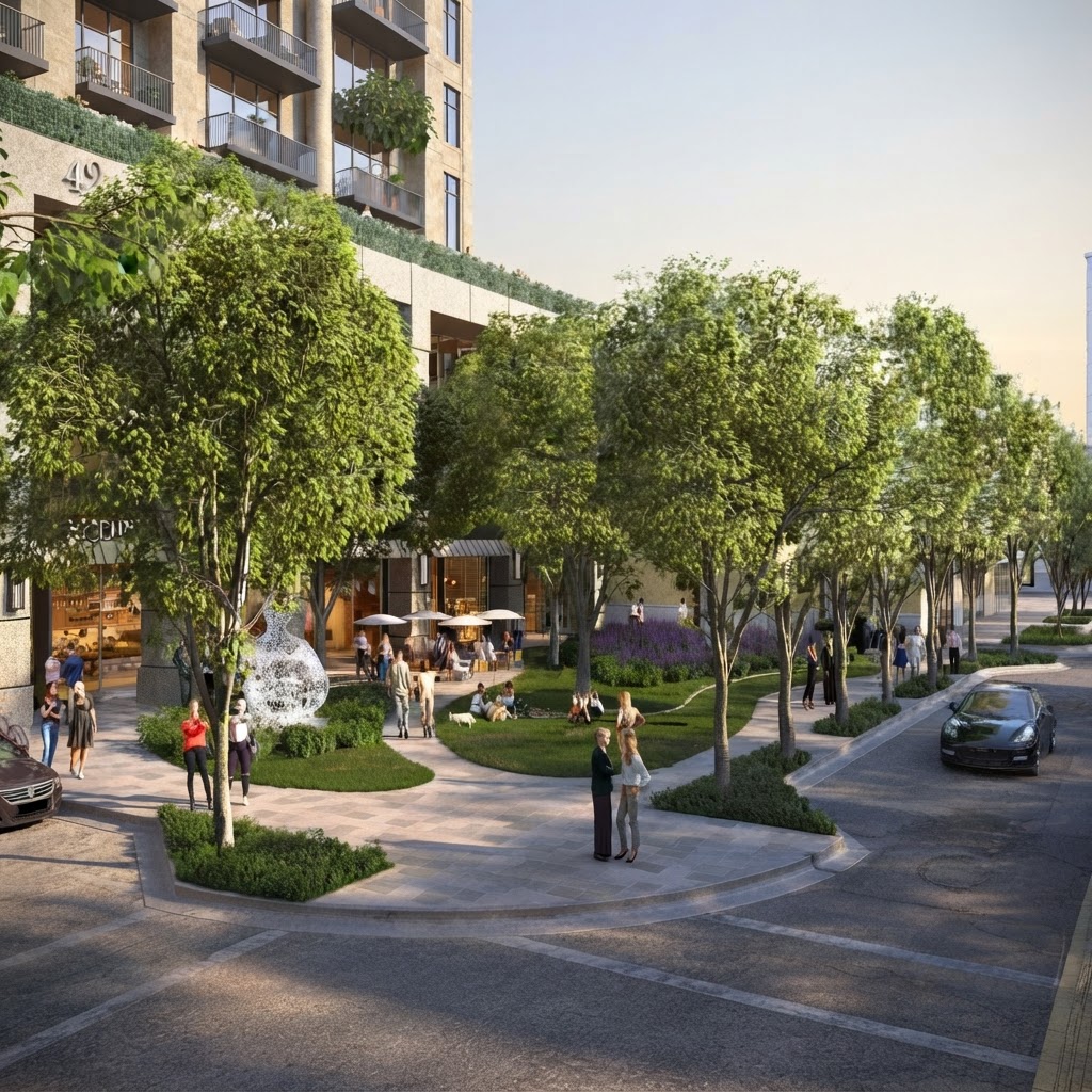 Fachada de Cora Merrick Park de día en Aurora Street, Coral Gables, condominio boutique junto a Shops at Merrick Park