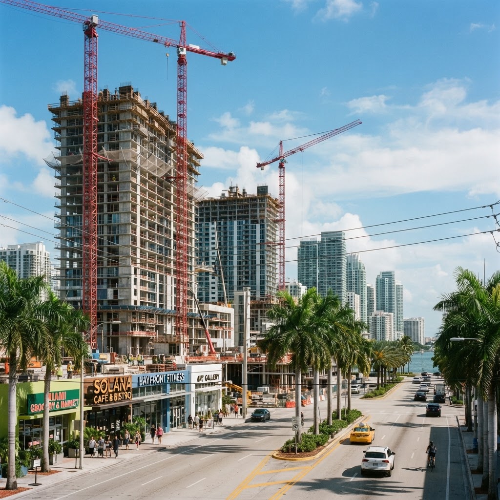 Grúas y torres residenciales en construcción en Miami