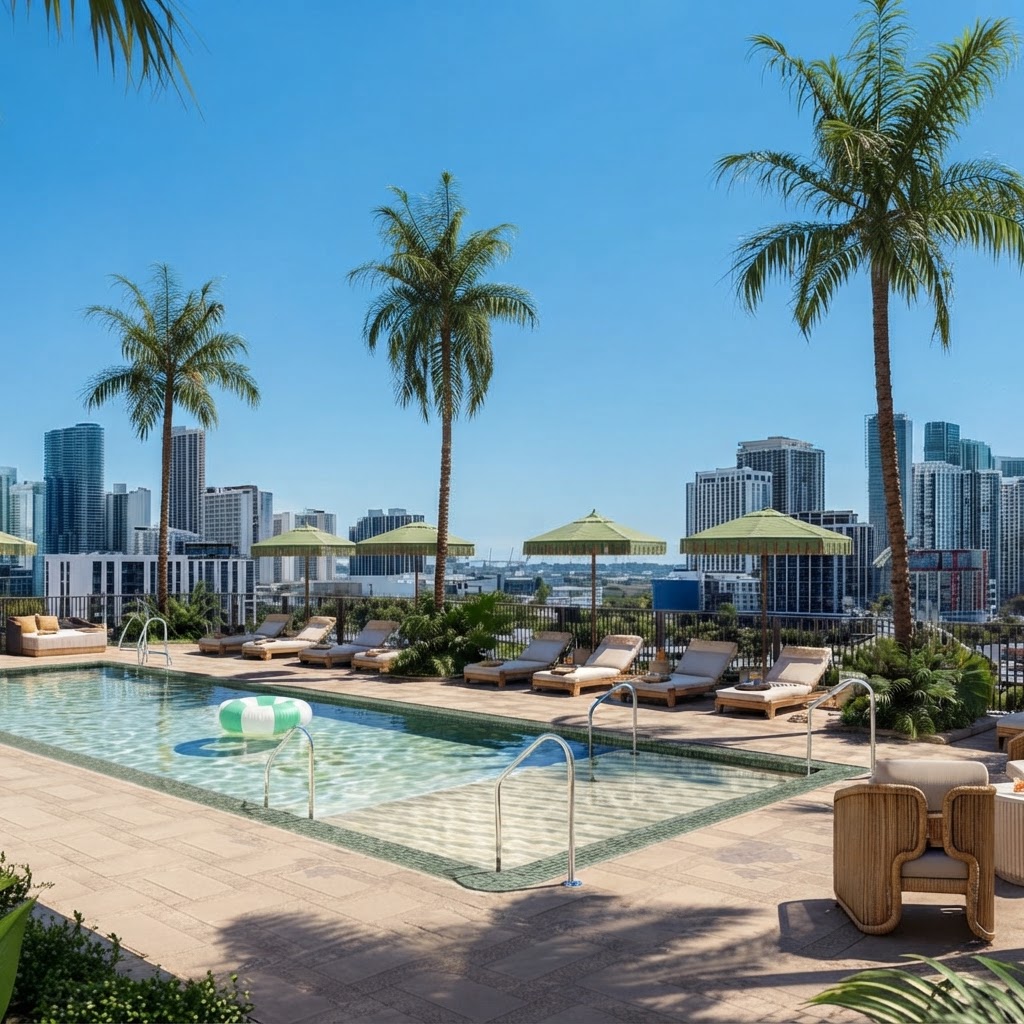 Alberca rooftop de Cloud One Wynwood con camas de día, cabanas y skyline de Miami al fondo