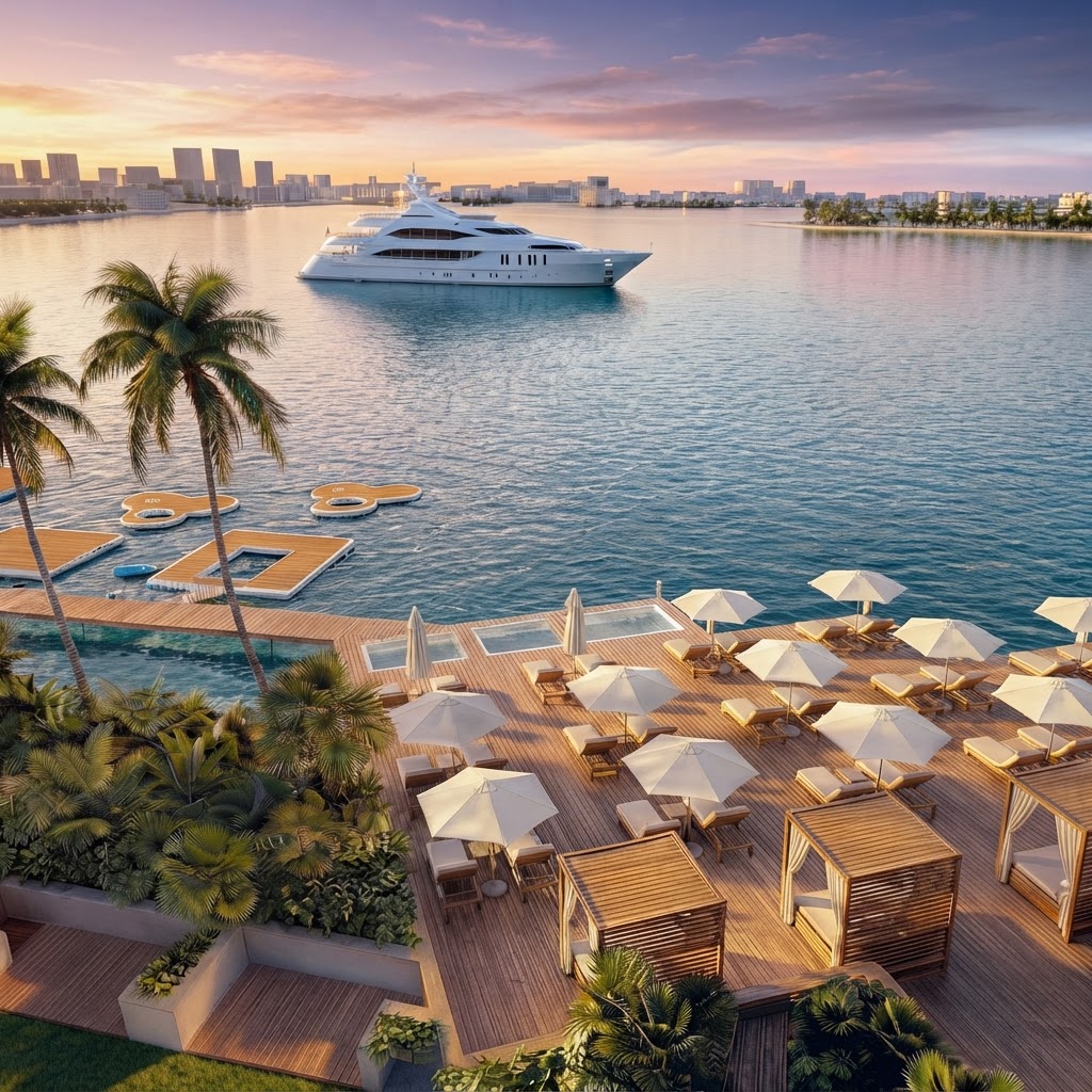 Sundeck y amenidades frente a la bahía en Continuum 12000, North Miami