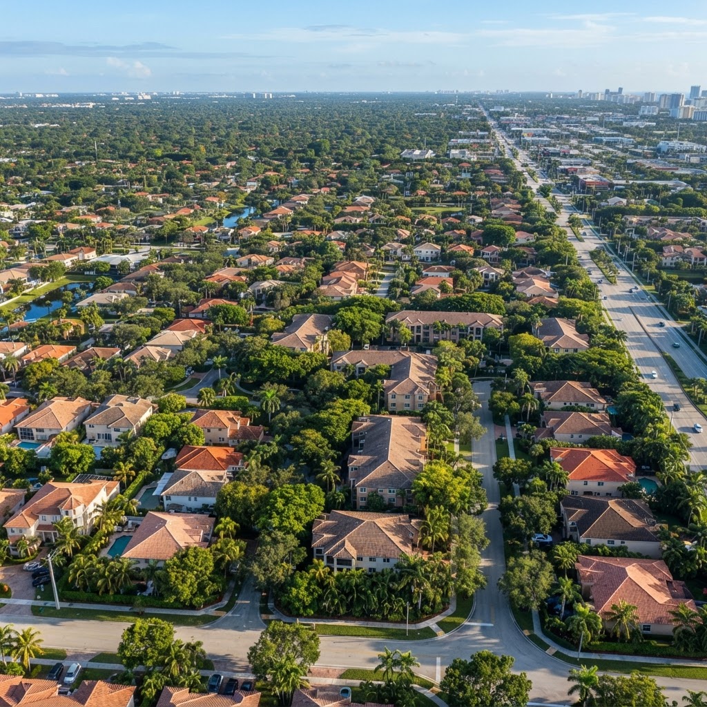 Vista aérea de vecindarios residenciales del condado Miami-Dade