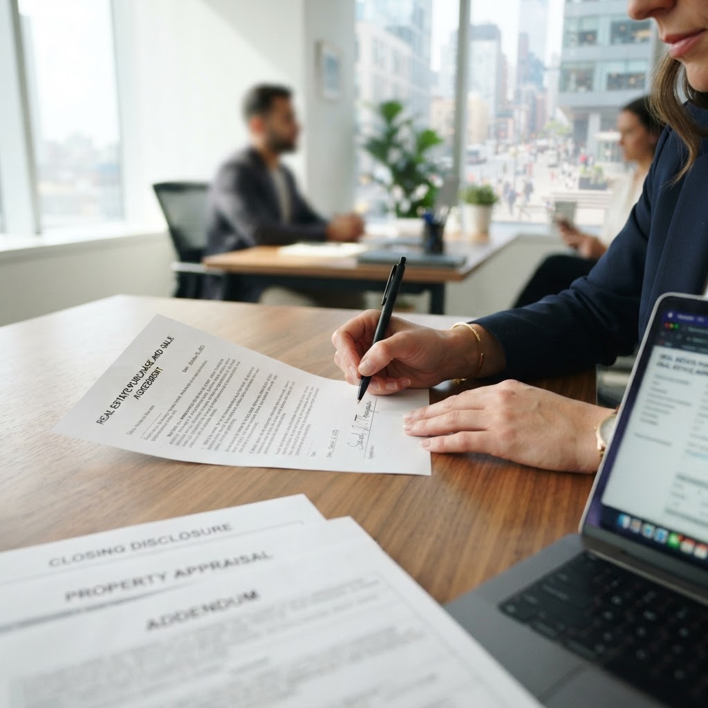 Manos firmando un contrato de compraventa de un inmueble sobre documentos y laptop
