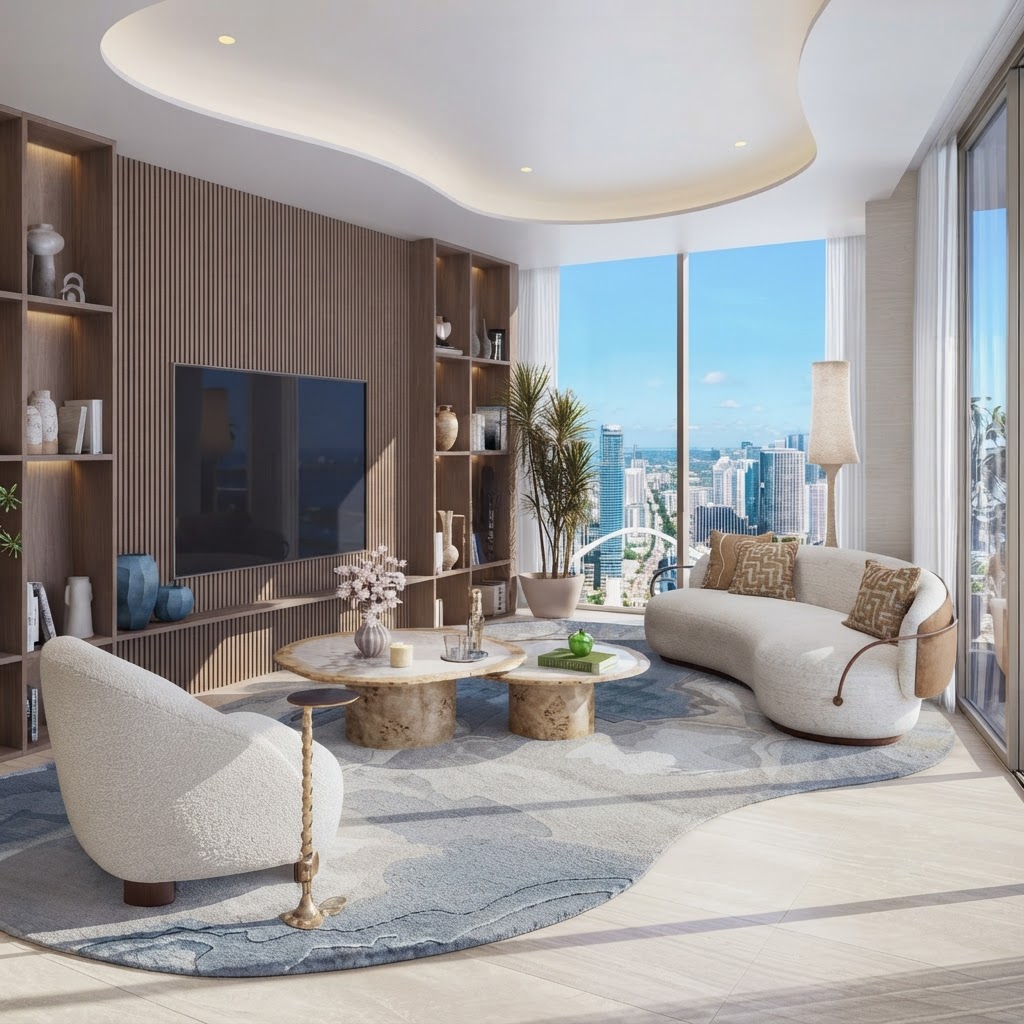 Great room de una residencia Delano Residences Miami con vistas a la bahía de Biscayne, interiores de diseño contemporáneo de Meyer Davis