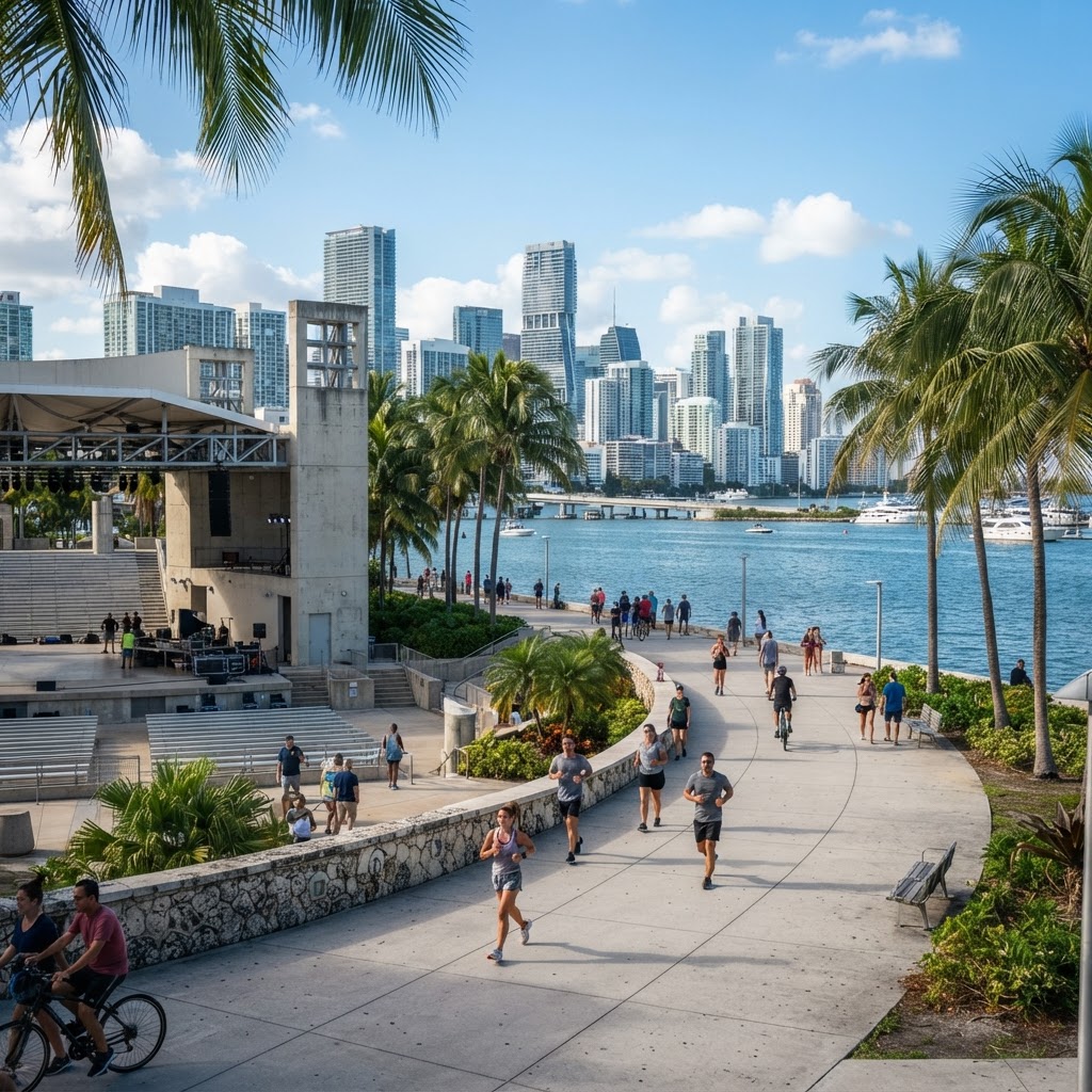 Paseo junto al Bayfront Park con las torres del centro de Miami al fondo